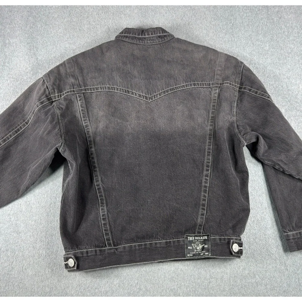 True Religion Denim Jacket Mens Medium Black Y2K Trucker Workwear Hip Hop Grunge